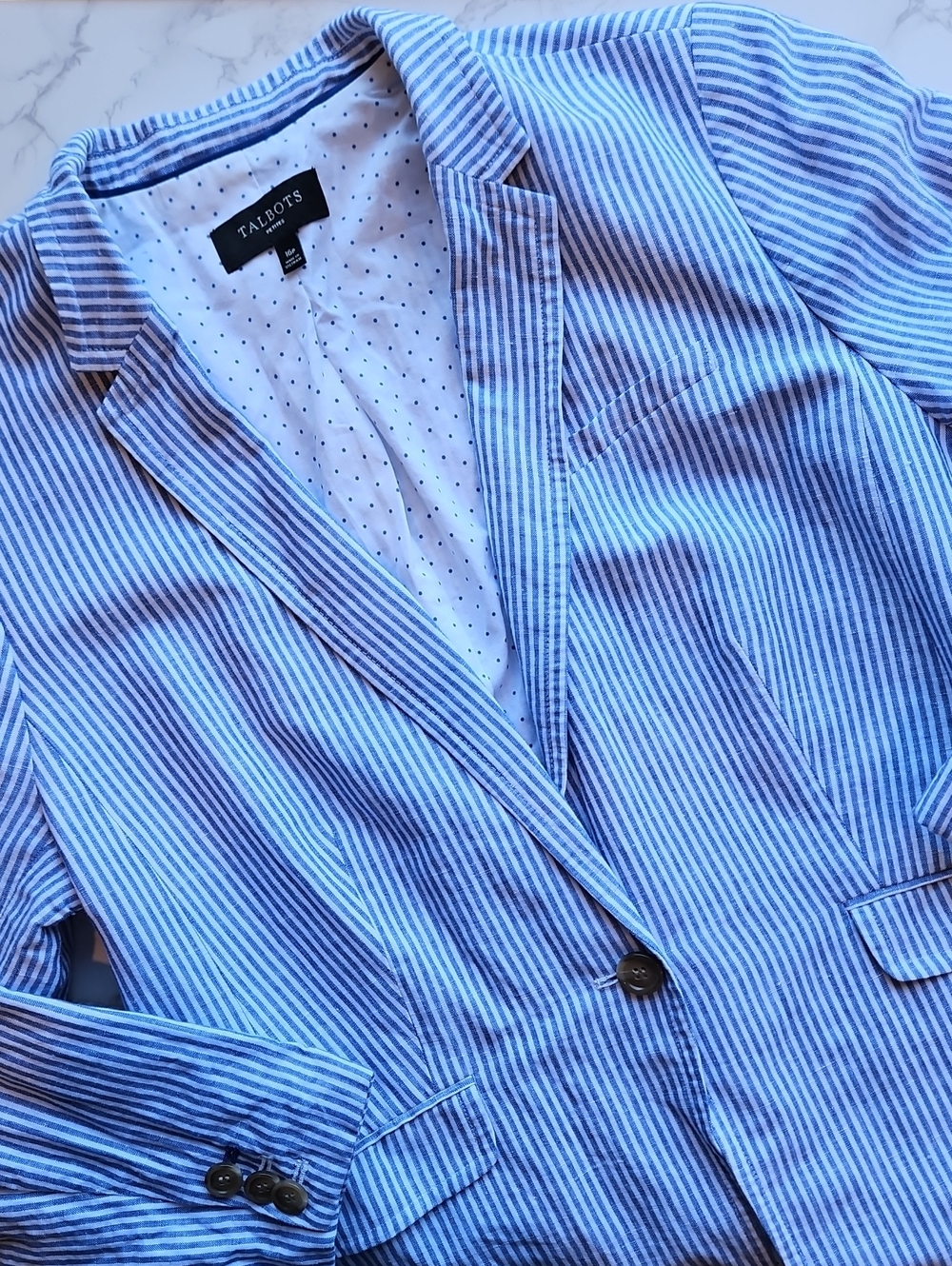 Talbots Blue and White Seersucker Striped Linen Blend Blazer 16P